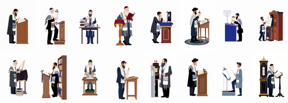 Illustrative set of Jewish men and rabbis in traditional attire engaged in various religious activities, including prayer and Torah reading on white background.