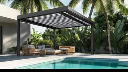 Fototapeta premium Modern Backyard Swimming Pool with Shaded Pergola and Lounge Chairs in Bright Daylight