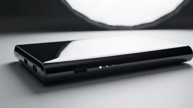 Sleek black portable power bank with reflective surface on studio background
