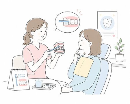 歯科医院で患者に歯磨き指導をする歯科衛生士の女性イラスト