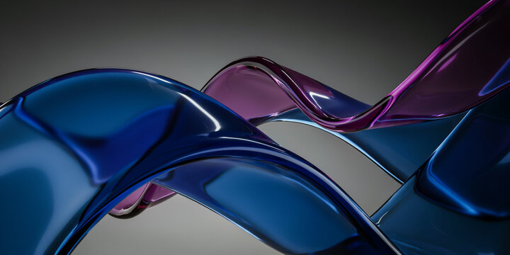 Abstract flowing liquid glass ribbons in blue and purple on dark background