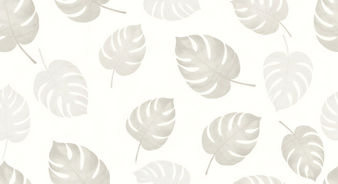 Minimalist seamless monstera pattern featuring beige watercolor leaves on a white background for aesthetic wallpaper and textile design