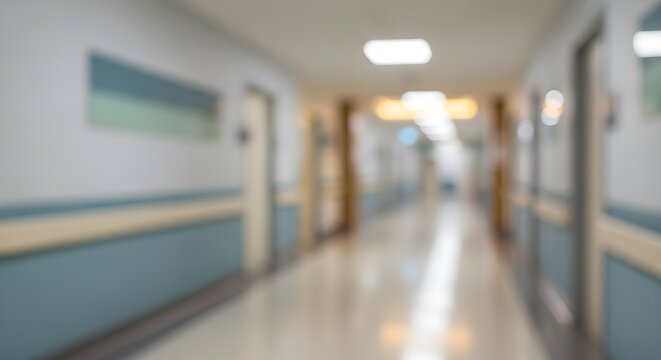 Soft blur hospital hallway background with neutral tones and softly lit interior design