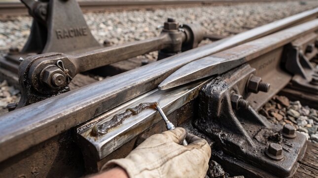 Railway worker applying thick industrial lubricant grease to a metal train track switch mechanism gear components