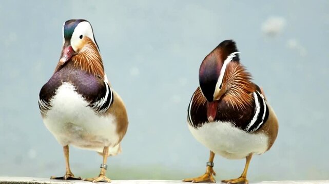 Two colorful mandarin ducks standing together near water surface