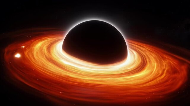 Astronomy science galaxy black hole accretion disk space illustration with glowing orange light and dark sphere cosmic scene, glowing black hole with orange accretion ring dark space, black hole