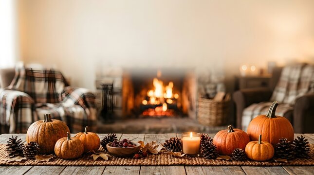 A cozy living room interior decorated with pumpkins and candles for a happy halloween celebration featuring a warm glowing fireplace background scene