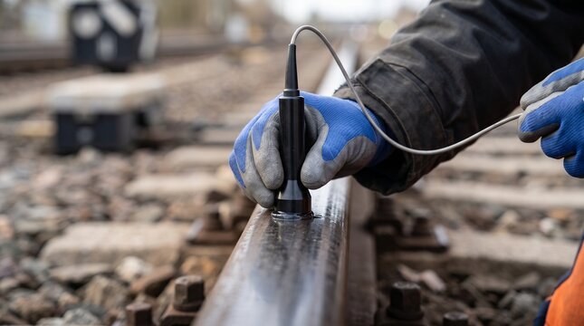 Professional railway worker using ultrasonic testing equipment to inspect steel train tracks for structural safety cracks