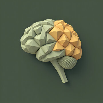 Low poly geometric human brain model on a dark background