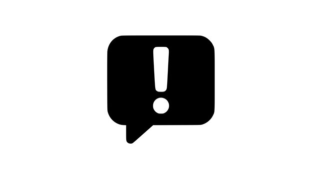  A rectangular speech bubble enclosing a prominent exclamation mark point, representing important alert notifications, warning messages, and urgent communication