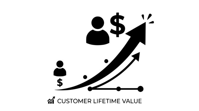 Graphic icon depicting user profile figures with dollar signs along an ascending trend curve, representing Customer Lifetime Value (CLV), revenue per user, and long-term customer profitability