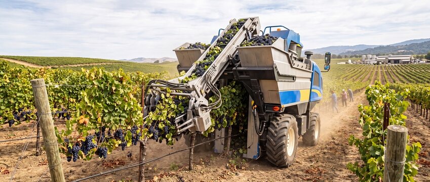 Mechanical Grape Harvester Working in Vineyard