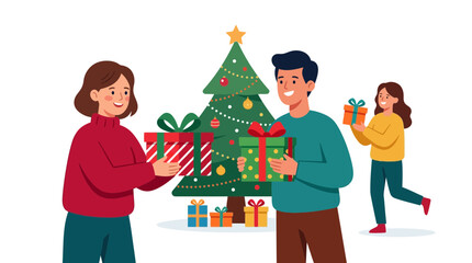 Fototapeta premium Happy family exchanging gifts near Christmas tree