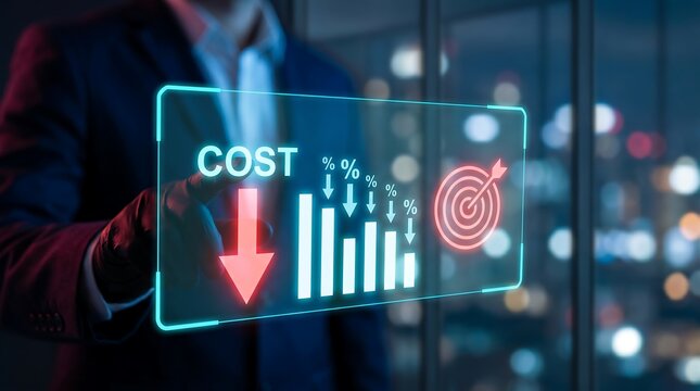 Businessman interacting with transparent digital display showing cost reduction chart and target icon