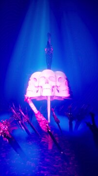 Ethereal Blue Shrine Ruins with Excalibur Blade Embedded in Skulls Motion Background