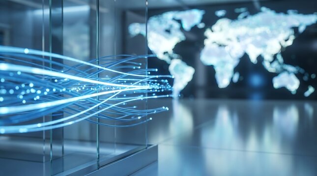 Fiber optic cables with glowing blue light pulses in front of digital world map background