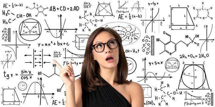 Surprised woman in glasses points at handwritten math and chemistry formulas, educational collage on a white background, symbolizing learning