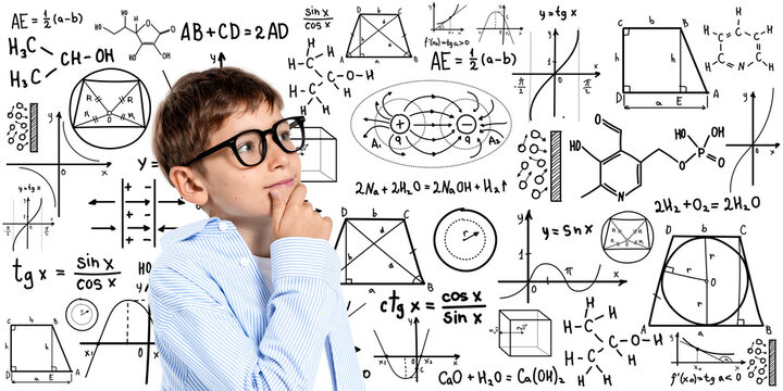 Thoughtful boy in glasses surrounded by drawn formulas, graphs, geometry and chemistry symbols, isolated on white background, education concept