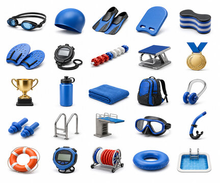 3D swimming equipment vector icon set with goggles, fins, cap, ladder, medal, and accessories isolated on a white background for sports design.