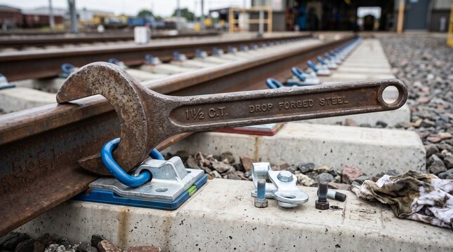 Heavy drop forged steel wrench resting on industrial railway tracks during maintenance work outdoors today
