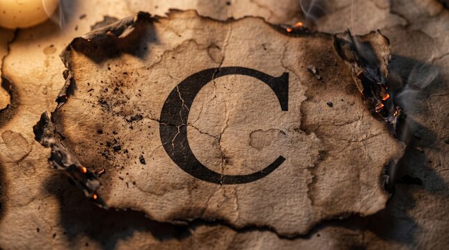 Letter C printed on an old burnt paper with charred edges placed on a rustic wooden table surface