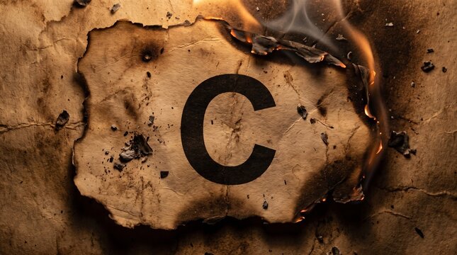 Letter C burned on antique parchment paper with flames and smoke, vintage text effect concept