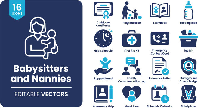 Babysitters and Nannies Vector Icon Set &ndash; Editable Childcare and Parenting Symbols