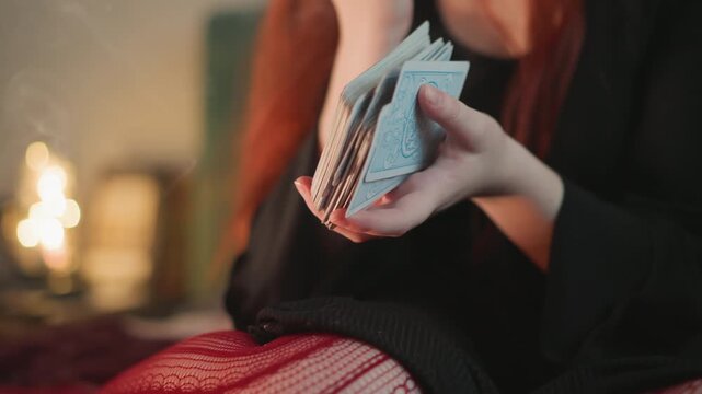 Woman performs tarot ritual. Redheaded woman conducts peaceful tarot session in private setting. Woman with red hair prepares tarot cards carefully for spiritual reading during quiet moment