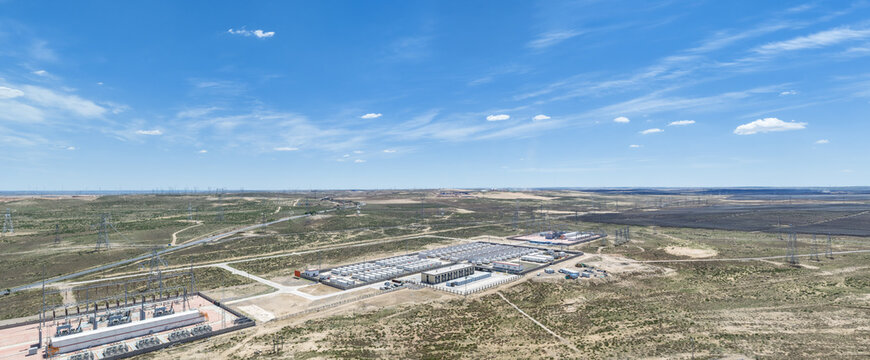 Aerial View of Energy Storage Station and Substation in Desert Renewable Energy Base