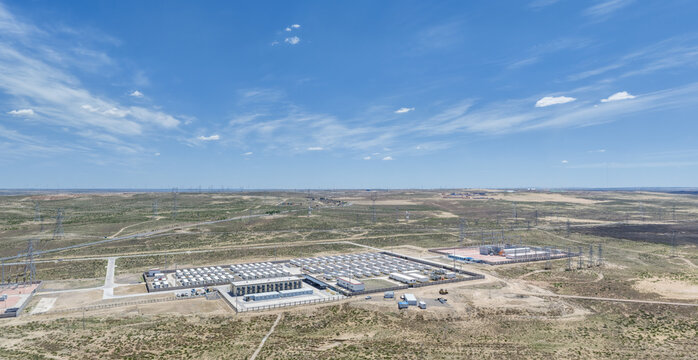 Aerial View of Energy Storage Power Station and Substation in Gobi Desert Renewable Energy Base