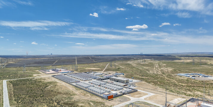 Aerial View of Energy Storage Power Station and Solar Farms near Energy Chemical Industry Base
