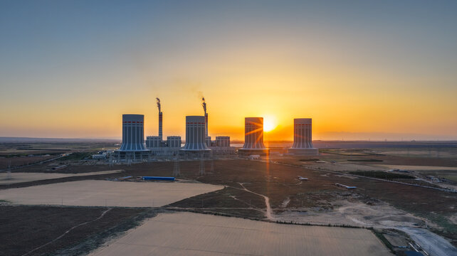 Aerial Sunset Silhouette of Ultra-Supercritical Coal-fired Power Plant