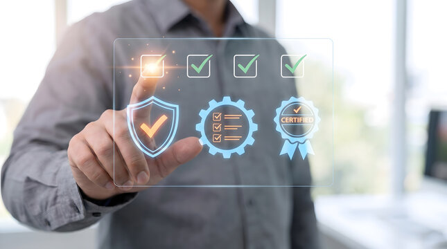 Businessman touching virtual screen with glowing certification, quality control, and compliance icons, Quality assurance and standard certification concept with executive approving digital checklist.