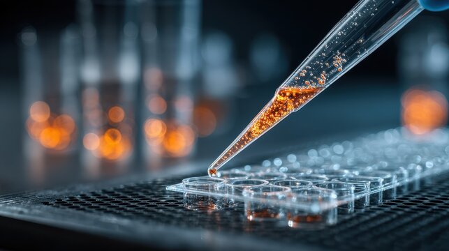 Scientist Pipettes Orange Liquid into Microplate Wells with Lab Research.