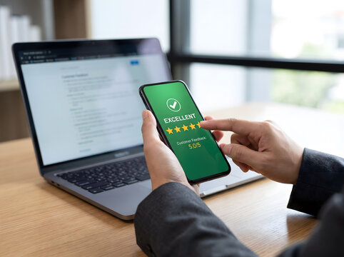 Businessman holding smartphone with excellent 5-star customer feedback rating on screen, Customer satisfaction and user experience concept showing hands interacting with mobile review app.
