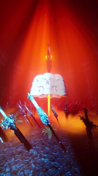 Dark Fantasy 3D Animation of Cursed Sword in Stone Surrounding Floating Skulls Ring