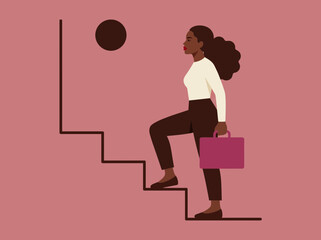 Business woman climbing stairs of success with briefcase career growth illustration