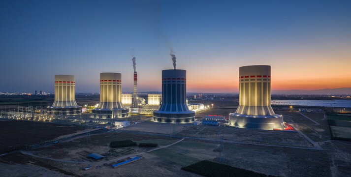 Aerial View of Ultra Supercritical Thermal Power Station in Nightfall
