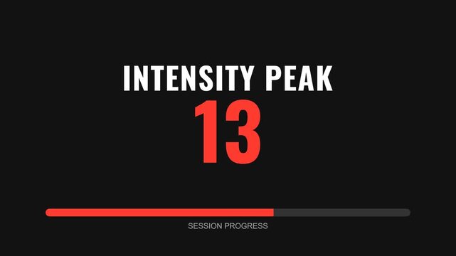 Digital fitness training interface showing high intensity level thirteen with red workout session progress bar graphic on dark screen