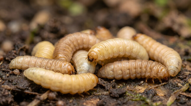 Close up macro shot of white grubs and insect larvae crawling in dark soil, Cluster of beetle larvae in dirt representing agricultural garden pests and wildlife.
