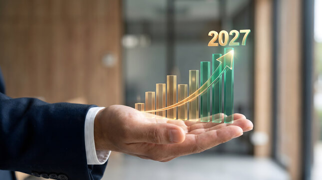 Businessman hand holding glowing 2027 business growth bar chart and upward arrow hologram, Financial success and future planning 2027 concept showing hand presenting virtual trend graph.