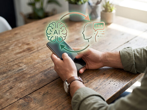 Hands holding smartphone with glowing human and AI brain communication hologram on wooden desk, Human-AI interaction and conversational chatbot concept projecting from mobile phone screen.