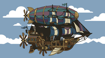 Steampunk Airship Vector Illustration with Nautical Elements, Flying Through Clouds in a Blue Sky, Detailed Mechanical Design with Sails and Propellers, Flat Graphic Style © Sugiyo