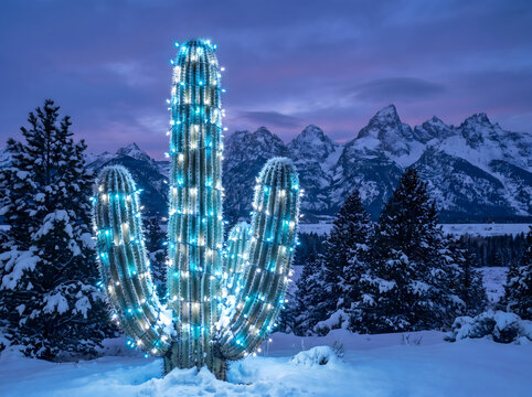 Glowing Christmas string lights wrapped around saguaro cactus in snowy winter mountain landscape, Surreal winter wonderland concept with illuminated desert cactus in deep snow at twilight.