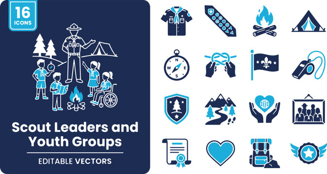 Scout Leaders and Youth Groups Vector Icons Set &ndash; Scout Uniform, Campfire, Camping Tent, Rope Knot Tying & Merit Badge Line Art Elements