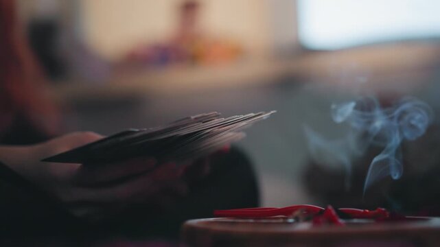 Tarot spread reveal hands over cards, seasoned reader fans arcana near smoldering candle, smoke curls above altar cloth, contemplative mood, slow motion reveal, symbolic patterns, intimate ritual vibe
