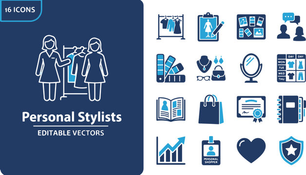 Personal Stylists Vector Icons Set &ndash; Fashion Consultant, Wardrobe Styling, Color Swatches & Personal Shopper Line Art Elements