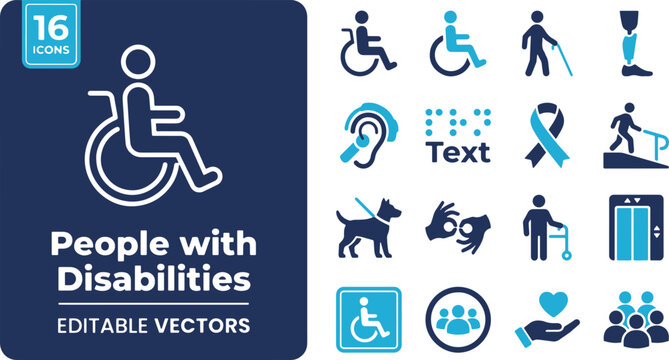 People with Disabilities Vector Icons Set &ndash; Accessibility Symbols, Wheelchair, Blind Cane, Prosthetic Leg & Inclusion Line Art Elements