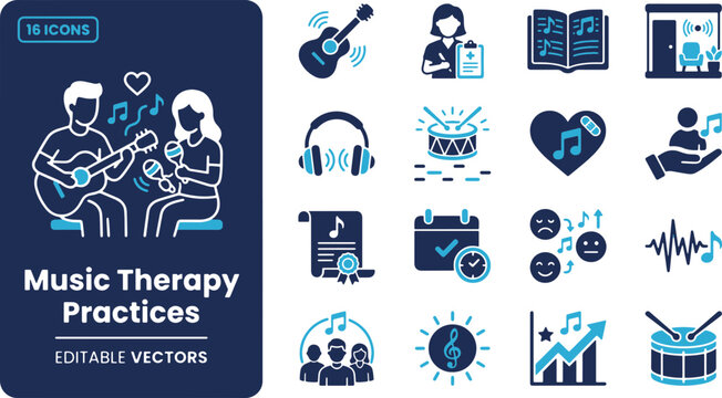 Music Therapy Practices Vector Icons Set &ndash; Sound Healing, Musical Instruments, Mental Health Care & Rehabilitation Line Art Elements