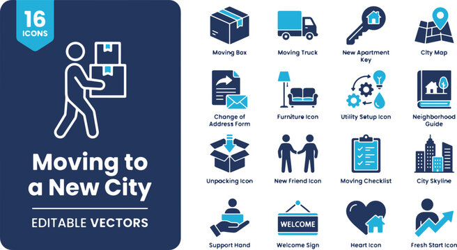 Moving to a New City Vector Icons Set &ndash; Relocation Service, Home Delivery, Moving Checklist & New Apartment Line Art Elements